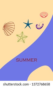 Underwater background. Cute colorful seashells and starfish. Summer design. Vector background