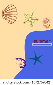 Underwater background. Cute colorful seashells and starfish. Summer design. Vector background