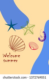 Underwater background. Cute colorful seashells and starfish. Summer design. Vector background