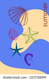 Underwater background. Cute colorful seashells and starfish. Summer design. Vector background