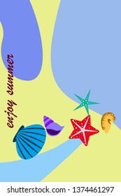 Underwater background. Cute colorful seashells and starfish. Summer design. Vector background