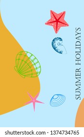 Underwater background. Cute colorful seashells and starfish. Summer design. Vector background