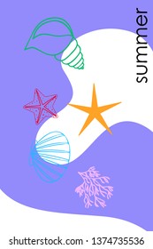 Underwater background. Cute colorful seashells and starfish. Summer design. Vector background