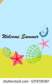 Underwater background. Cute colorful seashells and starfish. Summer design. Vector background