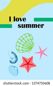 Underwater background. Cute colorful seashells and starfish. Summer design. Vector background