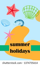 Underwater background. Cute colorful seashells and starfish. Summer design. Vector background