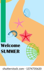 Underwater background. Cute colorful seashells and starfish. Summer design. Vector background