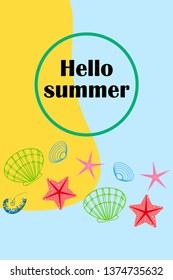 Underwater background. Cute colorful seashells and starfish. Summer design. Vector background