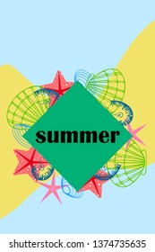 Underwater background. Cute colorful seashells and starfish. Summer design. Vector background