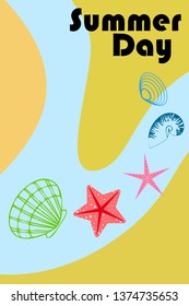 Underwater background. Cute colorful seashells and starfish. Summer design. Vector background