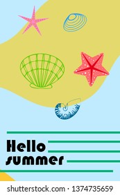 Underwater background. Cute colorful seashells and starfish. Summer design. Vector background