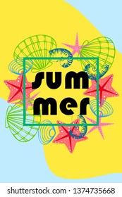 Underwater background. Cute colorful seashells and starfish. Summer design. Vector background