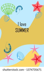 Underwater background. Cute colorful seashells and starfish. Summer design. Vector background