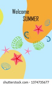 Underwater background. Cute colorful seashells and starfish. Summer design. Vector background