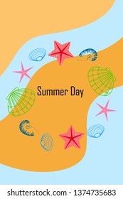 Underwater background. Cute colorful seashells and starfish. Summer design. Vector background