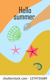 Underwater background. Cute colorful seashells and starfish. Summer design. Vector background