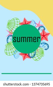 Underwater background. Cute colorful seashells and starfish. Summer design. Vector background