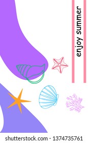 Underwater background. Cute colorful seashells and starfish. Summer design. Vector background