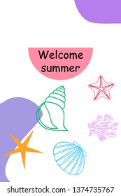 Underwater background. Cute colorful seashells and starfish. Summer design. Vector background