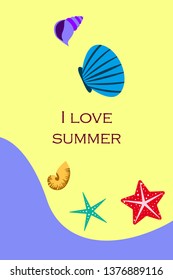 Underwater background. Cute colorful seashells and starfish. Summer design. Vector background