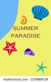 Underwater background. Cute colorful seashells and starfish. Summer design. Vector background