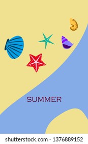 Underwater background. Cute colorful seashells and starfish. Summer design. Vector background