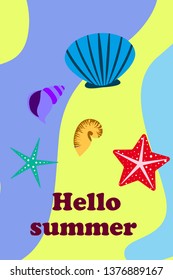 Underwater background. Cute colorful seashells and starfish. Summer design. Vector background