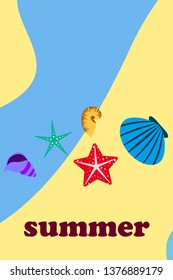 Underwater background. Cute colorful seashells and starfish. Summer design. Vector background