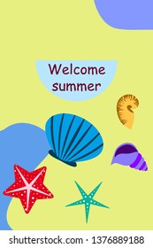 Underwater background. Cute colorful seashells and starfish. Summer design. Vector background
