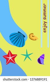 Underwater background. Cute colorful seashells and starfish. Summer design. Vector background