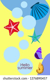 Underwater background. Cute colorful seashells and starfish. Summer design. Vector background