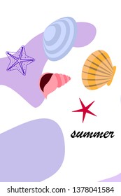 Underwater background. Cute colorful seashells and starfish. Summer design. Vector background