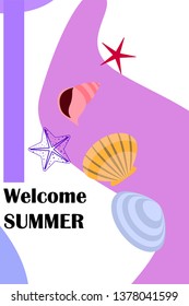 Underwater background. Cute colorful seashells and starfish. Summer design. Vector background