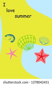 Underwater background. Cute colorful seashells and starfish. Summer design. Vector background