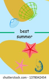 Underwater background. Cute colorful seashells and starfish. Summer design. Vector background