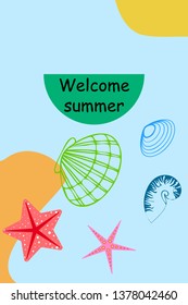 Underwater background. Cute colorful seashells and starfish. Summer design. Vector background