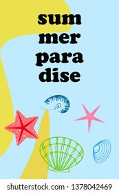 Underwater background. Cute colorful seashells and starfish. Summer design. Vector background