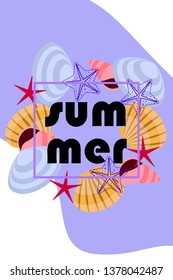Underwater background. Cute colorful seashells and starfish. Summer design. Vector background