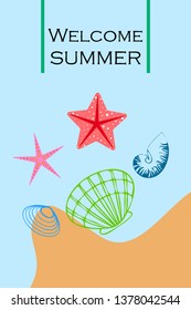 Underwater background. Cute colorful seashells and starfish. Summer design. Vector background