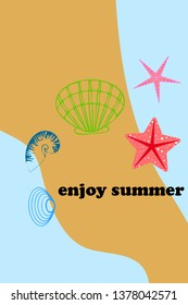 Underwater background. Cute colorful seashells and starfish. Summer design. Vector background