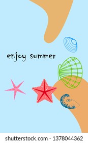Underwater background. Cute colorful seashells and starfish. Summer design. Vector background