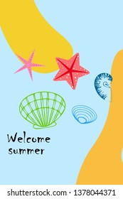 Underwater background. Cute colorful seashells and starfish. Summer design. Vector background