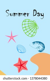 Underwater background. Cute colorful seashells and starfish. Summer design. Vector background