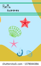 Underwater background. Cute colorful seashells and starfish. Summer design. Vector background
