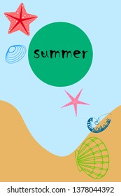 Underwater background. Cute colorful seashells and starfish. Summer design. Vector background