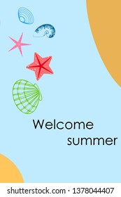 Underwater background. Cute colorful seashells and starfish. Summer design. Vector background