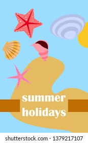 Underwater background. Cute colorful seashells and starfish. Summer design. Vector background