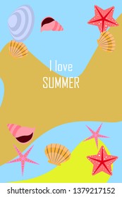 Underwater background. Cute colorful seashells and starfish. Summer design. Vector background