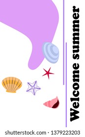 Underwater background. Cute colorful seashells and starfish. Summer design. Vector background