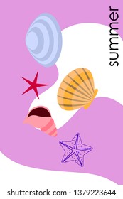 Underwater background. Cute colorful seashells and starfish. Summer design. Vector background